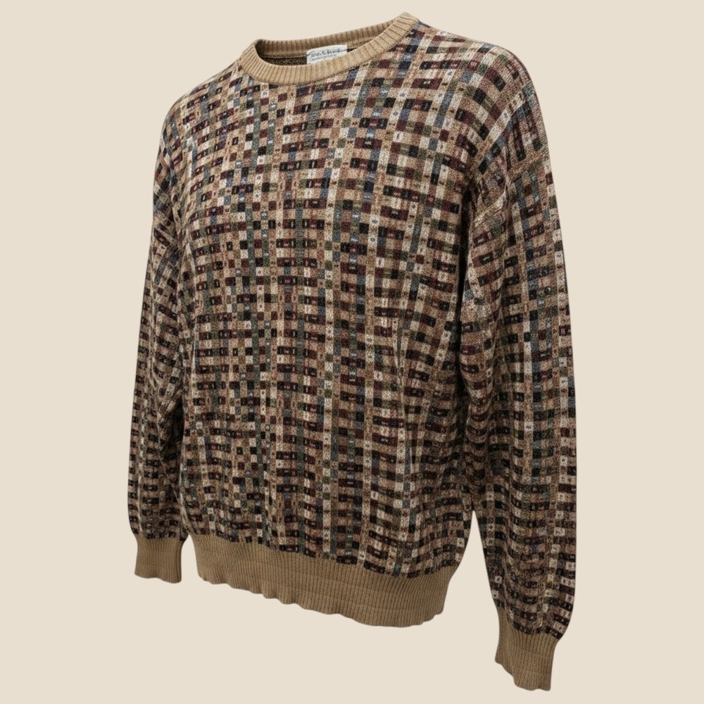 Tricots St. Raphael Mens Vintage Geometric Knit Sweater Made in USA Tan
